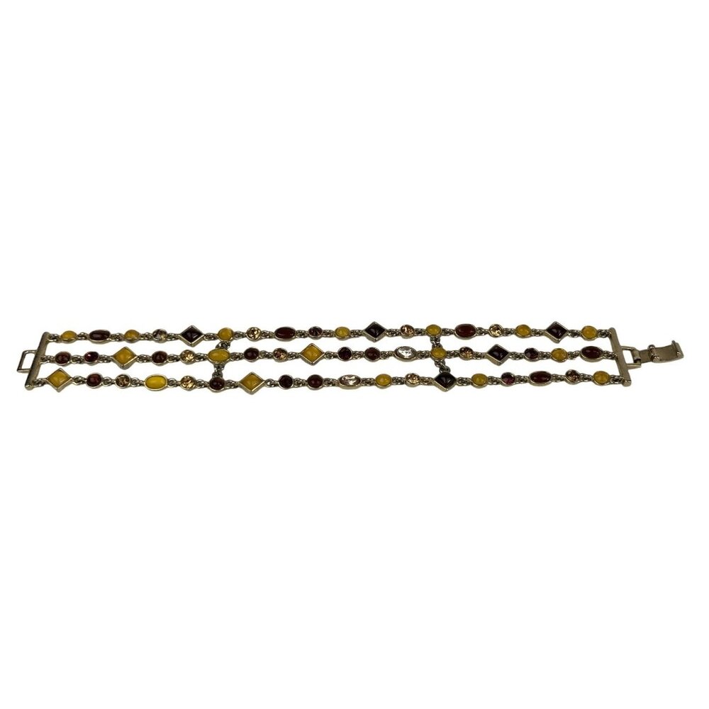 Gold Tone Triple Strand Bracelet Amber Honey Brown Color Gemstones - Picture 1 of 6